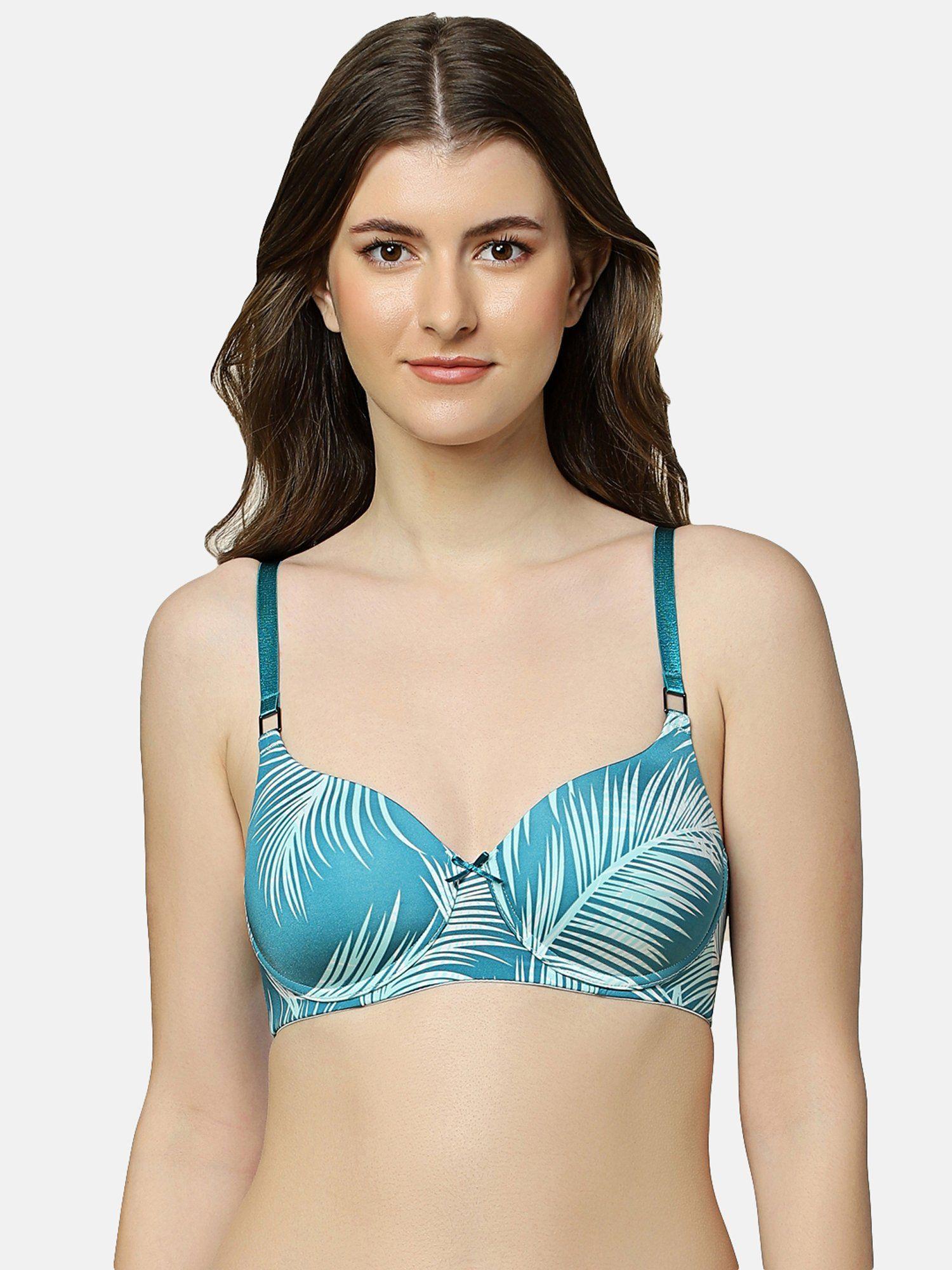 padded non wired tropical palm print everyday t-shirt bra - blue