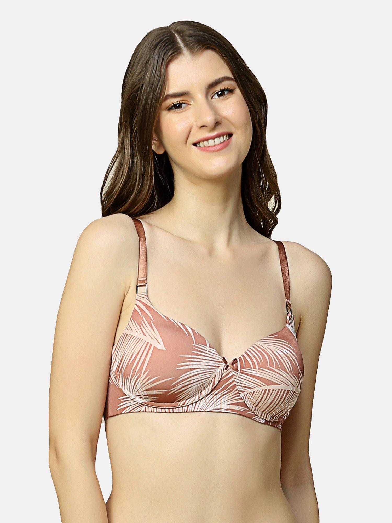 padded non wired tropical palm print everyday t-shirt bra - brown