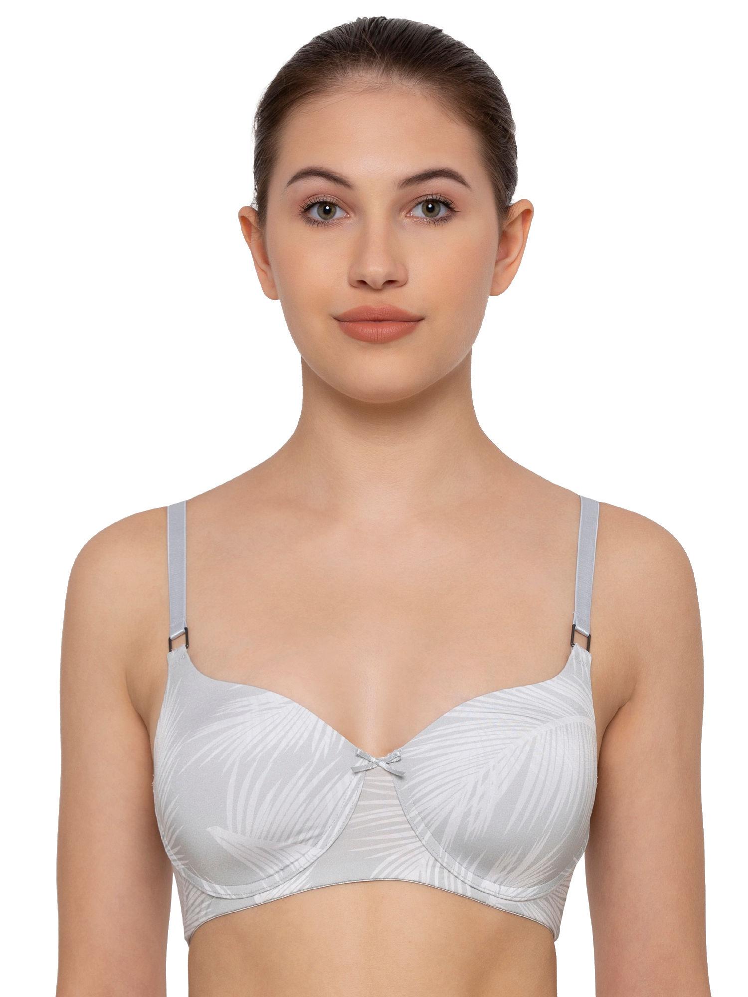 padded non wired tropical palm print everyday t-shirt bra - grey