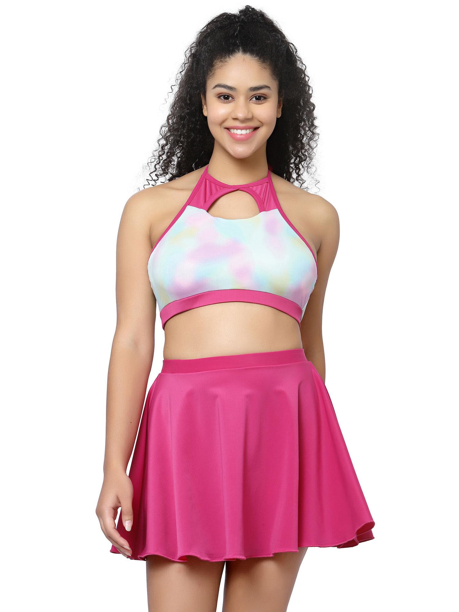 padded pink two piece skirtini swimwear (set of 2)