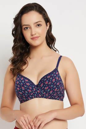 padded underwired full cup floral print t-shirt bra in midnight blue - cotton - blue
