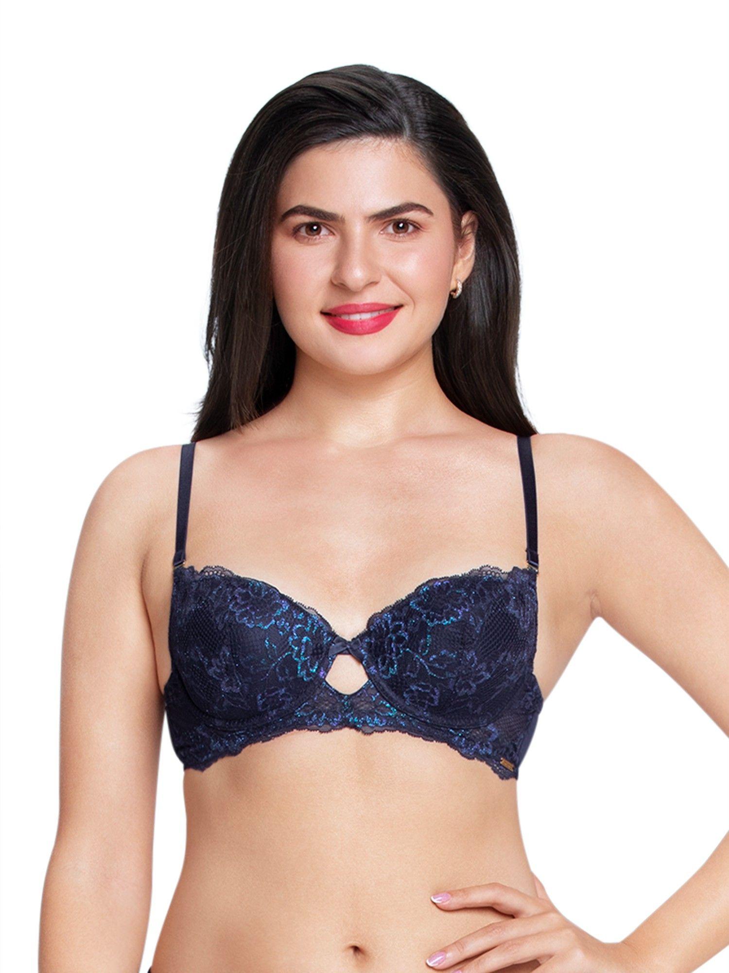 padded wired demi coverage lace bra - navy blue