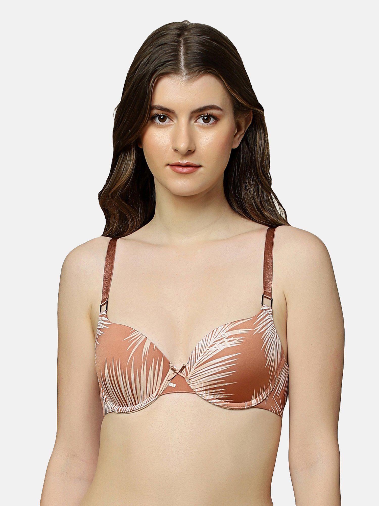padded wired tropical palm print everyday t-shirt bra - brown