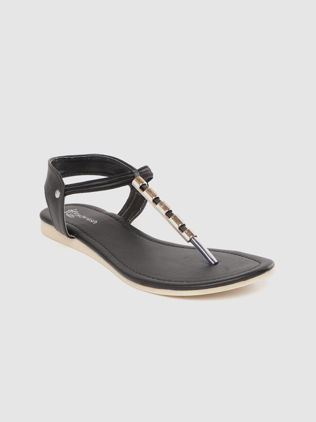 padvesh women black solid t-strap flats with metallic detail