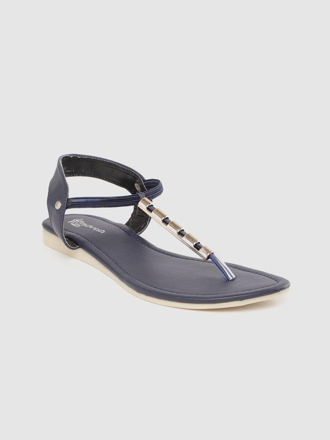 padvesh women navy blue solid t-strap flats with metallic detail
