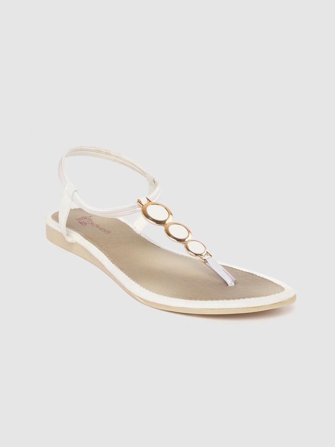 padvesh women off-white & gold-toned solid t-strap flats