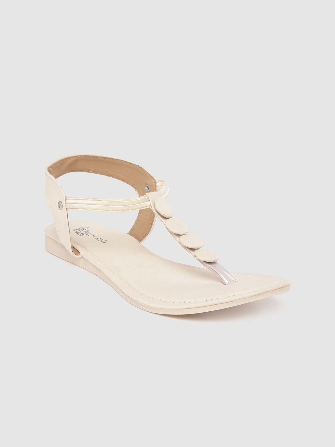 padvesh women off-white solid t-strap flats with button detail