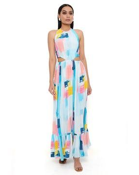 painterly print crepe halter-neck waist cut-out dress