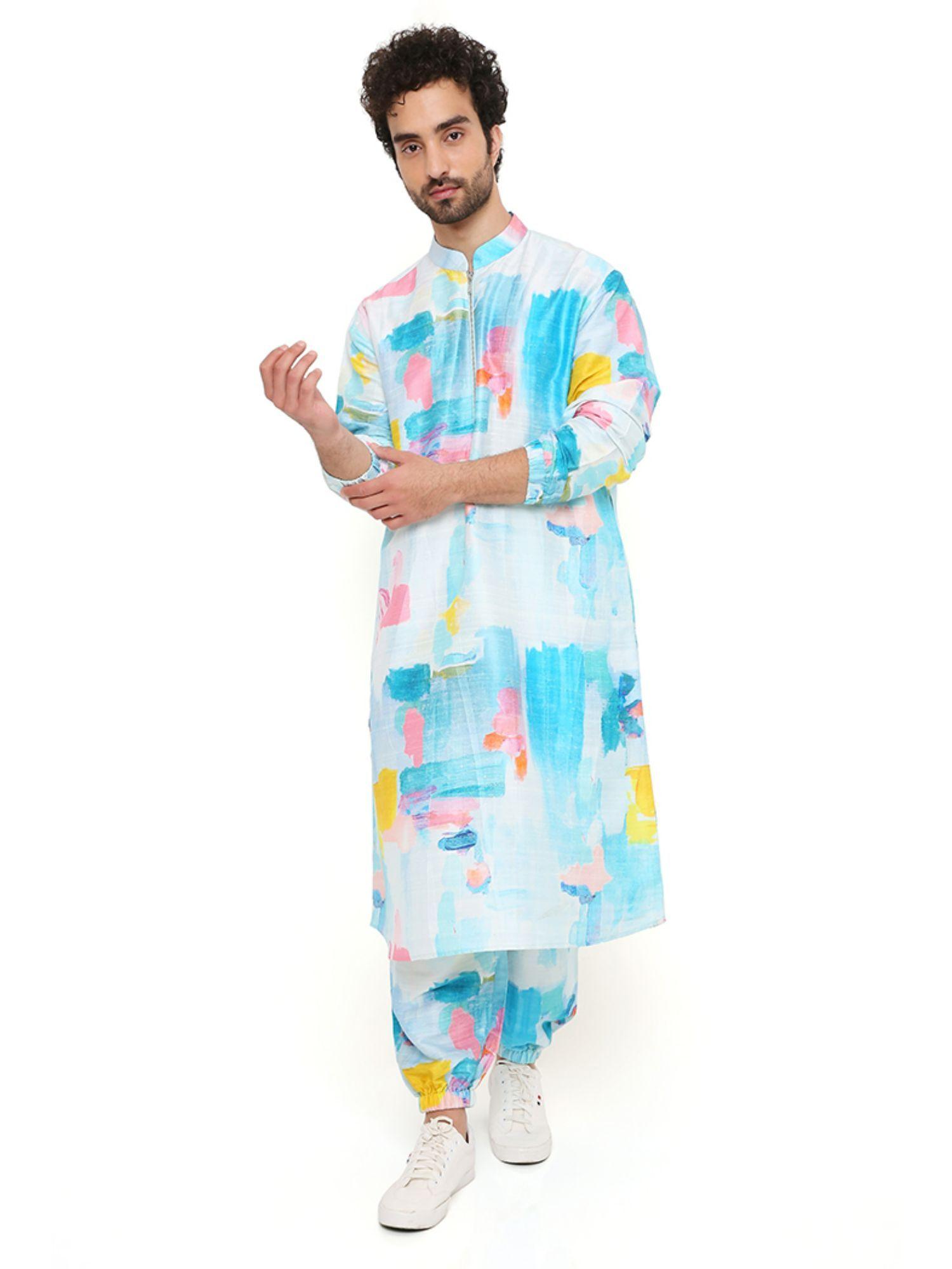 painterly print dupion silk bomber kurta with jogger pant (set of 2)