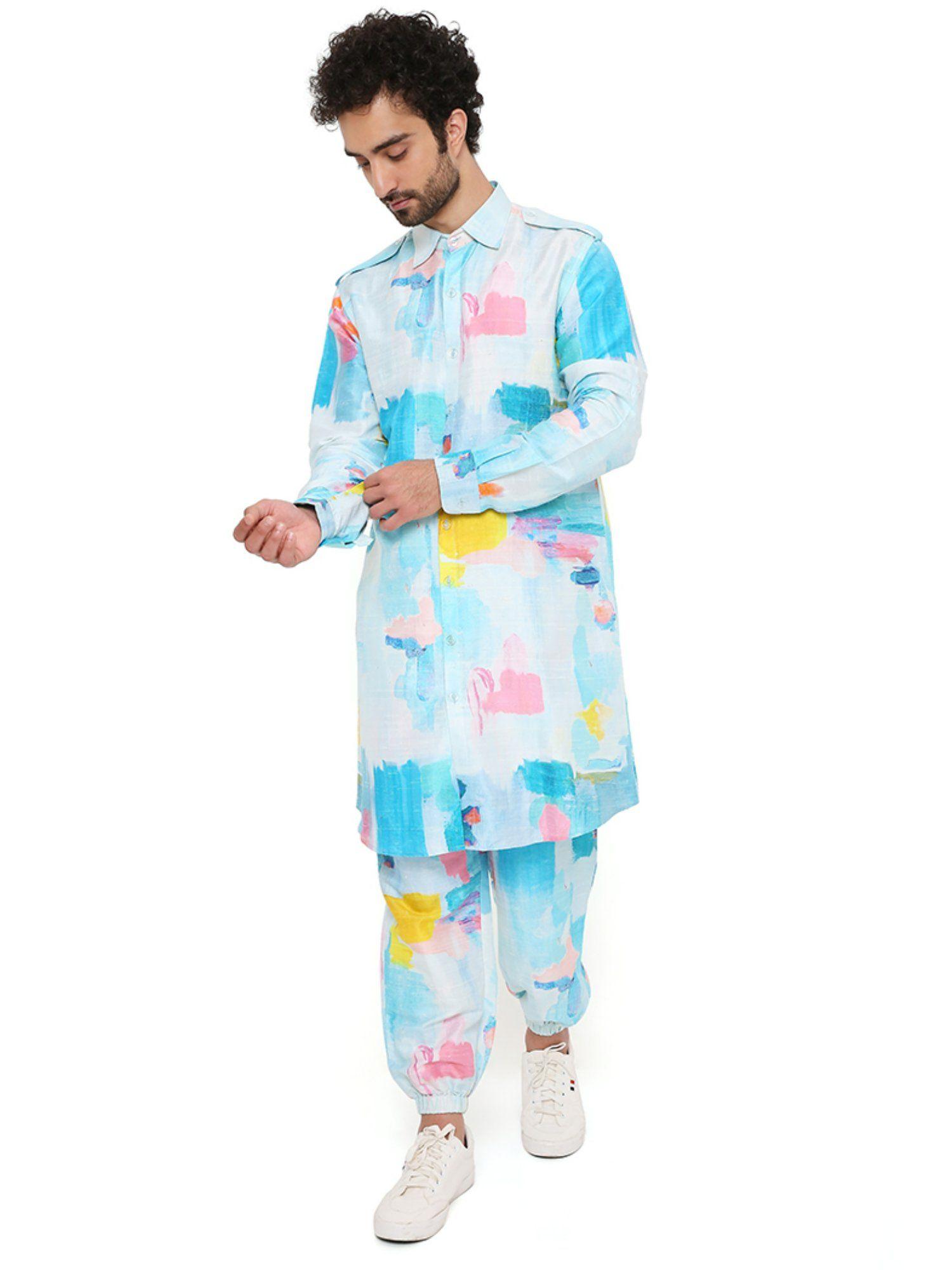 painterly print dupion silk pathani kurta with jogger pants (set of 2)