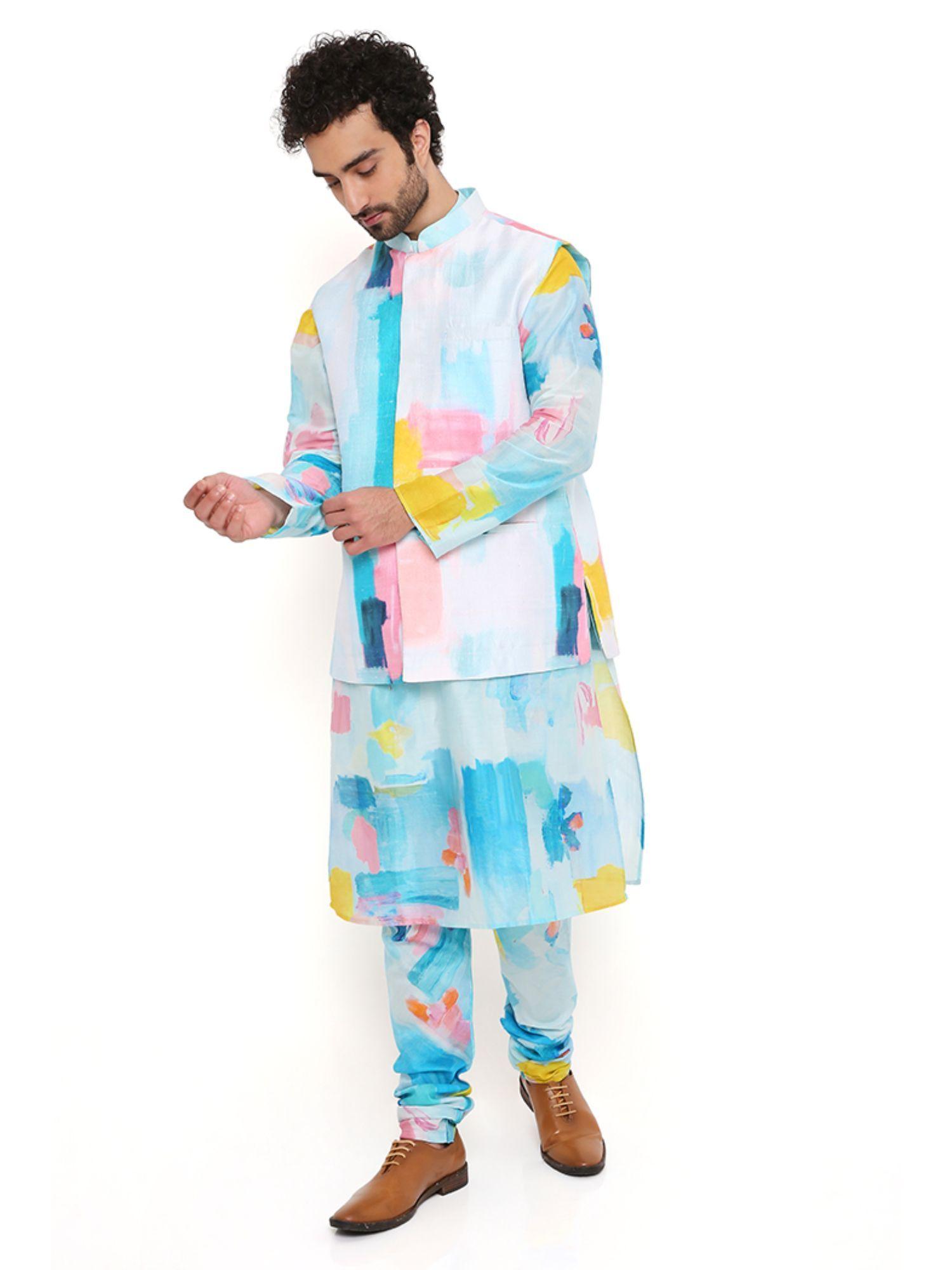 painterly print nehru jacket with silkmul kurta and churidar (set of 3)