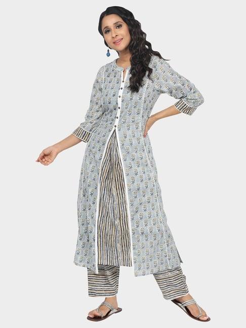 paislei grey printed kurta pant set