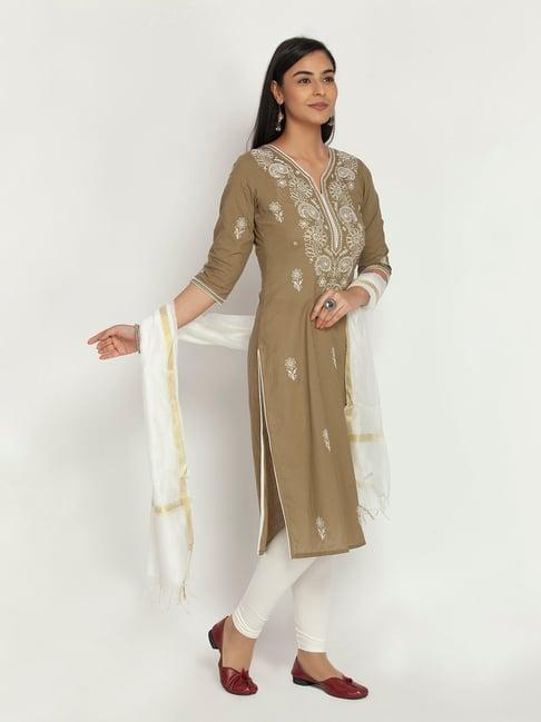 paislei khaki embroidered cotton kurta