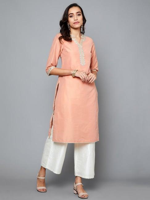 paislei peach embroidered kurta & palazzo set