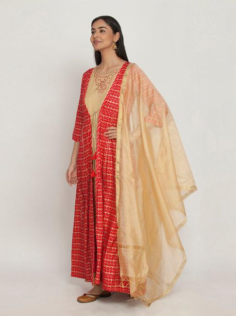 paislei red & beige printed cotton kurta