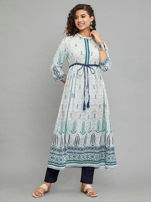 paislei white printed a line kurta