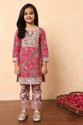 paisley cotton regular fit girls kurta set - pink