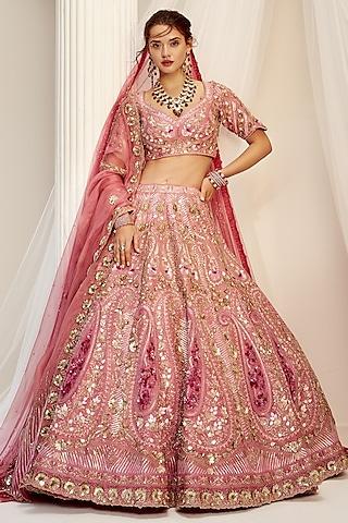 paisley pink raw silk sequins embroidered lehenga set