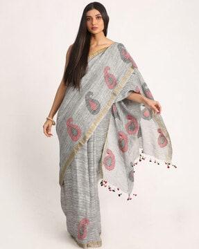 paisley print handloom linen jamdani saree