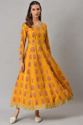 paisley blended round neck women's maxi dress - mustard