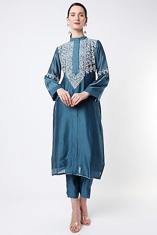 paisley blue embroidered straight kurta set