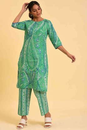 paisley calf length cotton woven women's kurta pant set - dark green