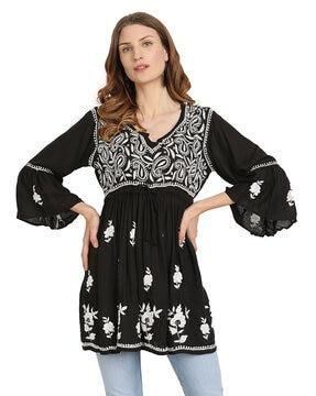 paisley chikankari embroidered tunic with bell sleeves