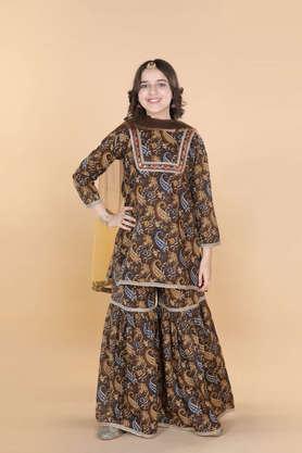 paisley cotton regular fit girls kurta sharara set - brown