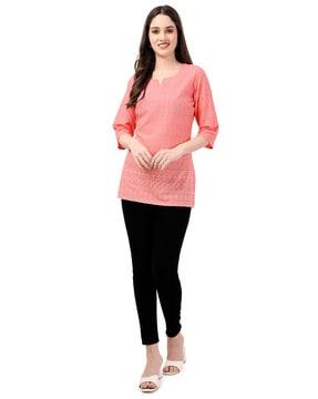 paisley embroidered notched round-neck top