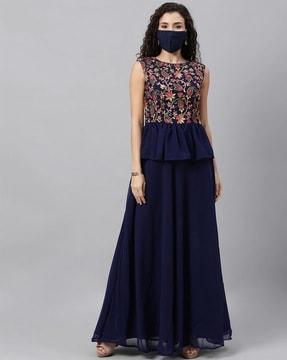 paisley embroidered round-neck gown