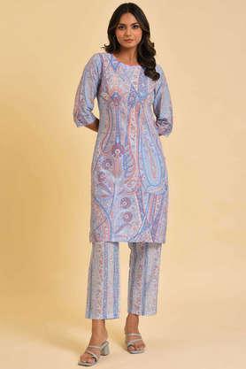 paisley knee length cotton woven women's kurta pant set - light blue