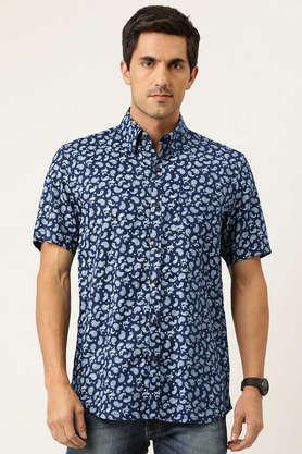 paisley linen regular fit men's casual shirt - navy