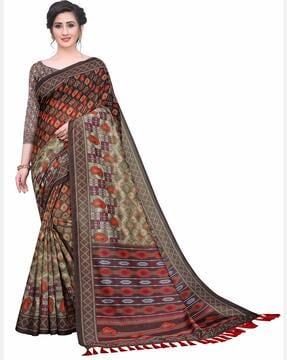 paisley pattern printed saree with tassels