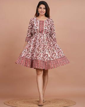 paisley print a-line dress with front tie-up