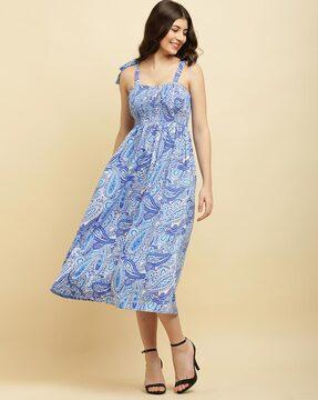 paisley print a-line dress with smocked detail