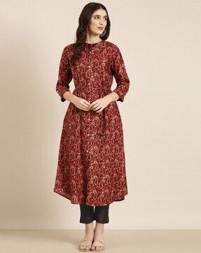 paisley print a-line kurta with tie-up