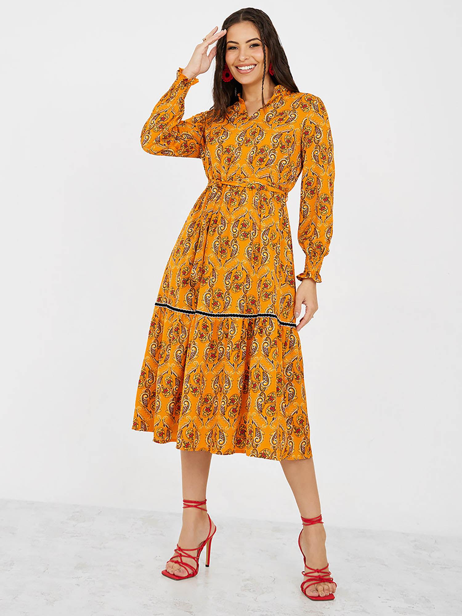 paisley print a-line midi dress orange (set of 2)