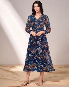 paisley print fit & flare dress with smocked waist