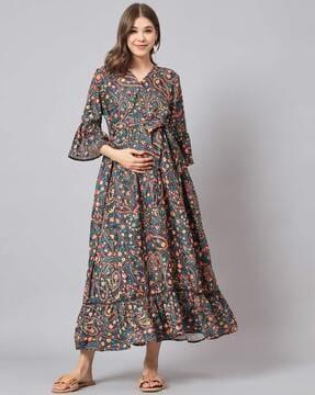 paisley print fit & flare dress with waist tie-up