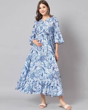 paisley print fit & flare dress with waist tie-up