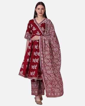 paisley print flared kurta with palazzos & dupatta