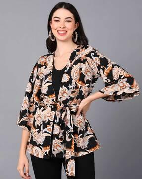 paisley print front-open shrug with belt