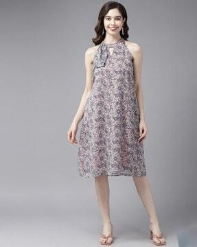 paisley print high-neck a-line dress