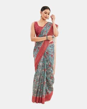 paisley print kalamkari saree with tassels