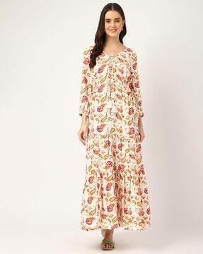 paisley print pure viscose tie-up neck dress