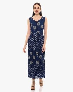 paisley print round-neck a-line dress