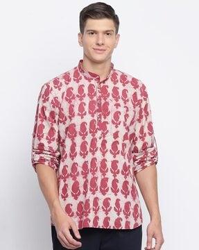 paisley print shirt kurta whit band collar