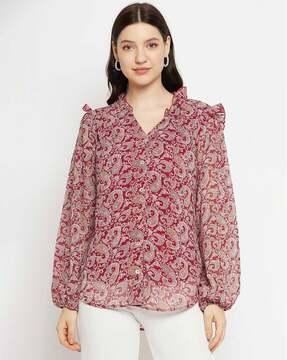 paisley print shirt with puffed sleeves