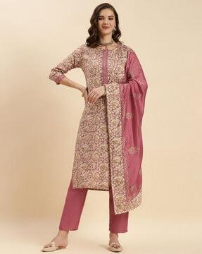 paisley print straight kurta set with dupatta