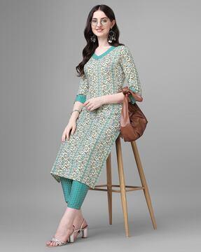 paisley print straight kurta suit set